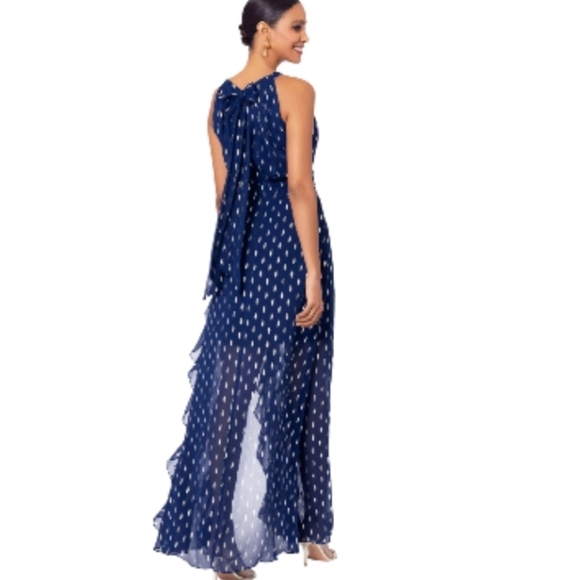 Betsy & Adam Gown, Sz 8, Halter, Royal Blue Geometric Print, Ruffle Accent, NEW! - Picture 3 of 17